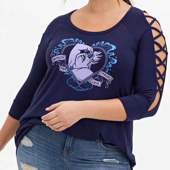 TORRID 2 Plus Size Disney the Little Mermaid Ursula Navy Lattice Sleeve Top 2X - Picture 1 of 16